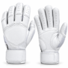 White baseball batting gloves shown from front and back view featuring perforated fingers and padded wrist cuffs