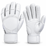 White baseball batting gloves shown from front and back view featuring perforated fingers and padded wrist cuffs