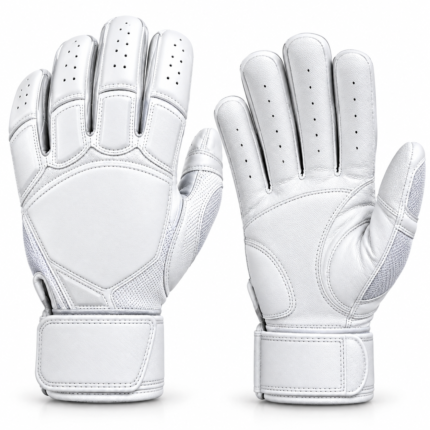 White baseball batting gloves shown from front and back view featuring perforated fingers and padded wrist cuffs